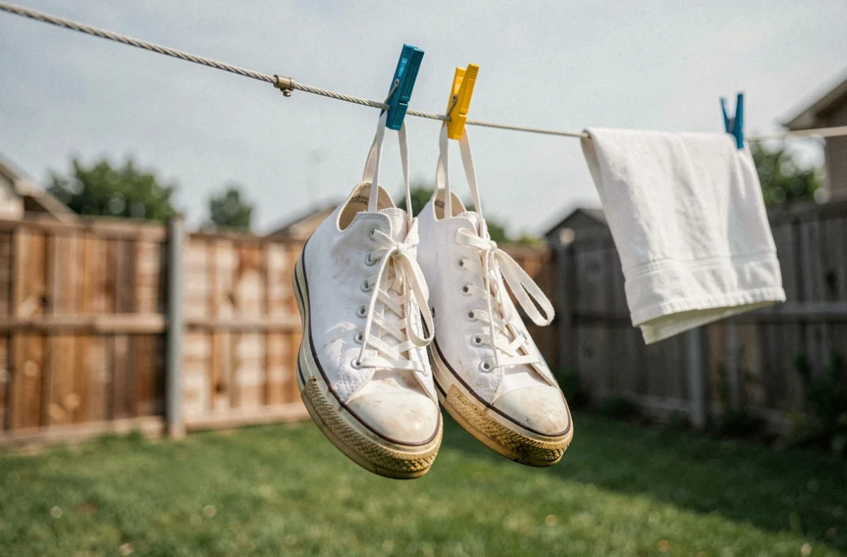 Paire de Converse blanches propres suspendues à une corde à linge extérieure après lavage, légèrement humides