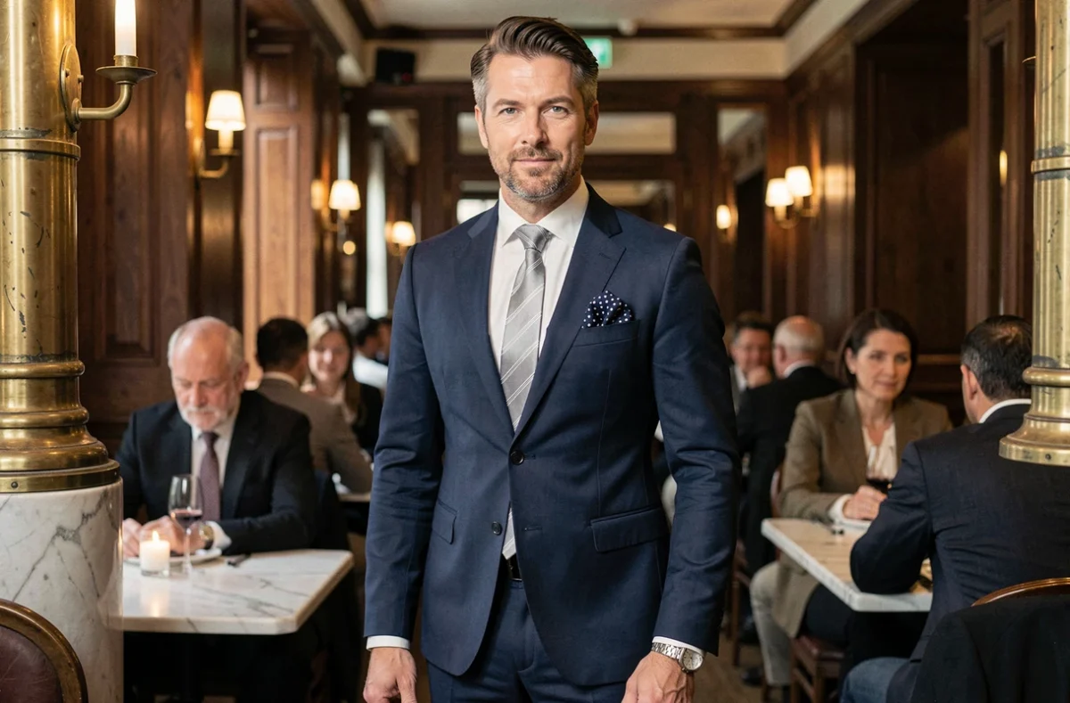 Homme en costume bleu marine avec cravate grise et pochette à pois dans une brasserie parisienne élégante