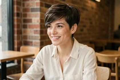 Jeune femme aux cheveux épais avec une coupe garçon pixie structurée, assise dans un café urbain moderne