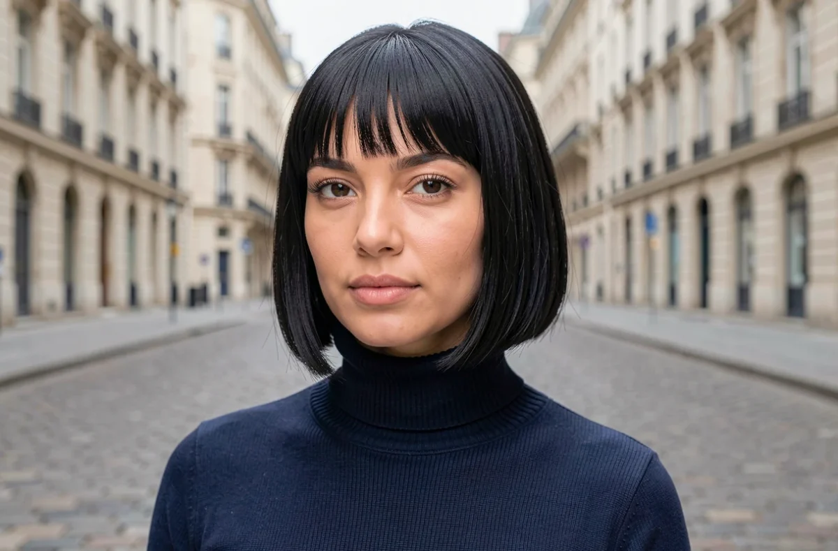 Femme aux cheveux noirs épais avec une coupe garçon française précise dans une rue parisienne pavée