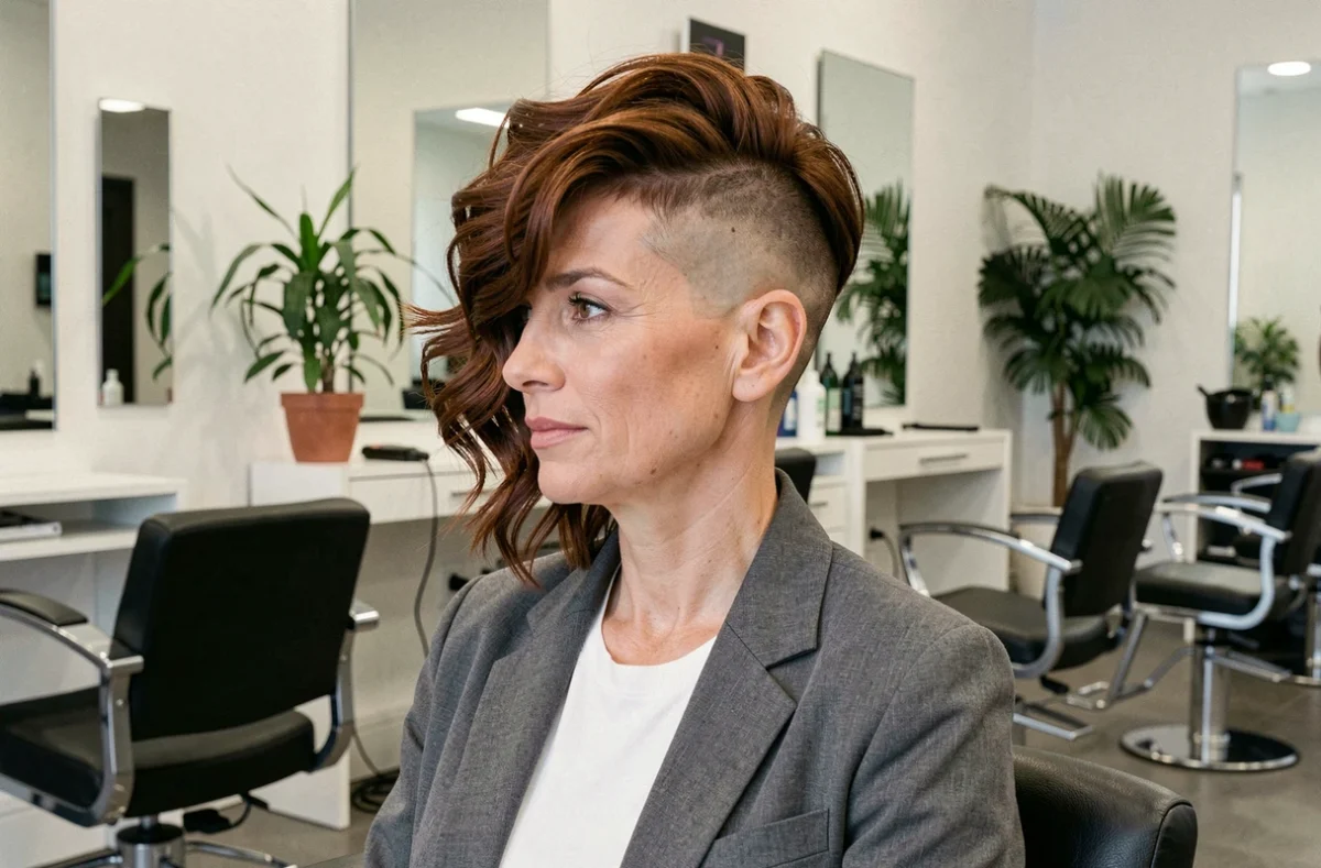 Femme d'âge mûr avec une coupe garçon undercut texturée sur cheveux épais et ondulés en salon de coiffure