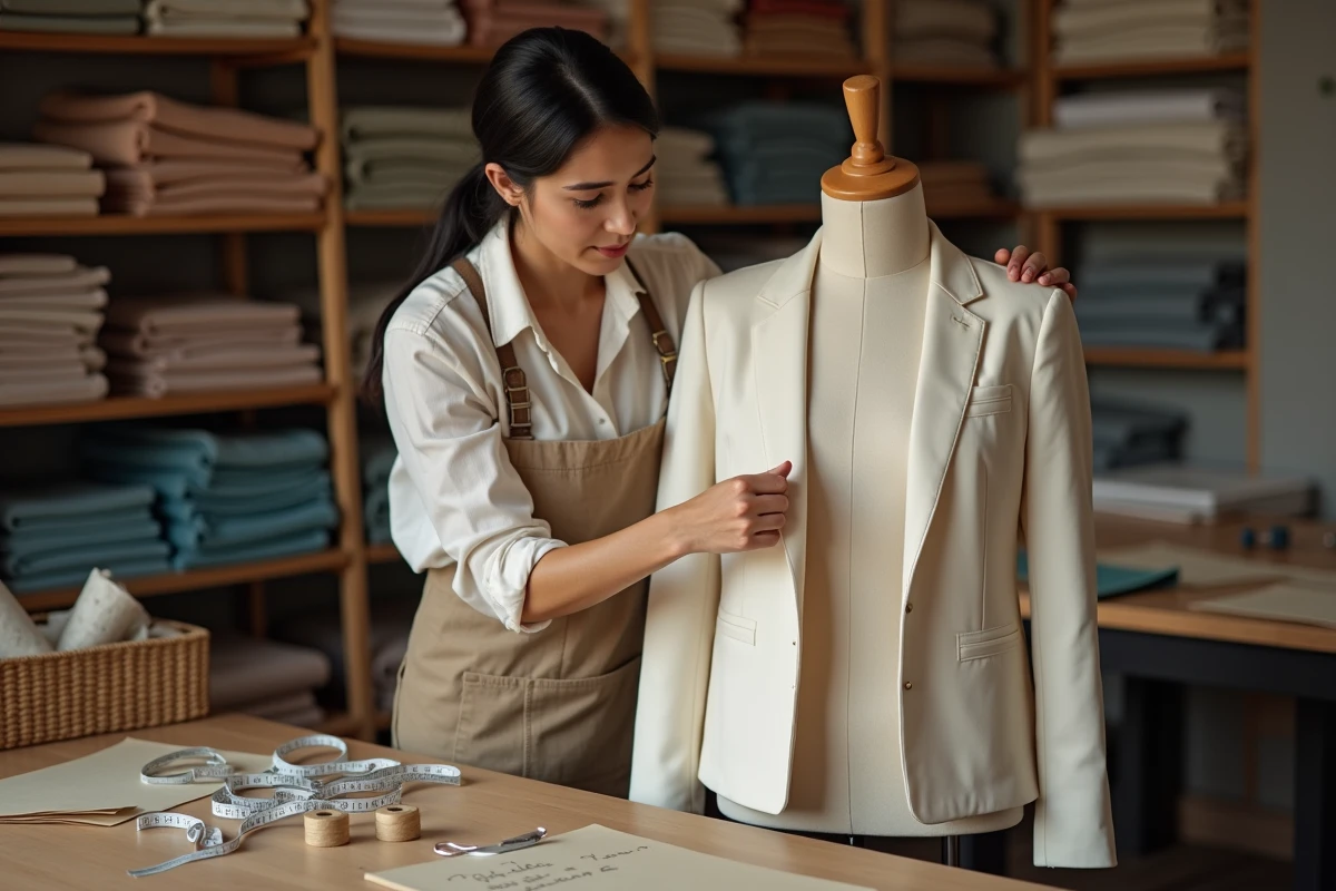 Couturière à domicile épinglant une veste sur mesure sur un mannequin dans son atelier personnel