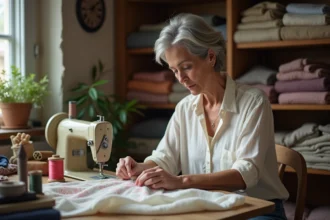 Femme française cousant un foulard en soie dans un atelier lumineux