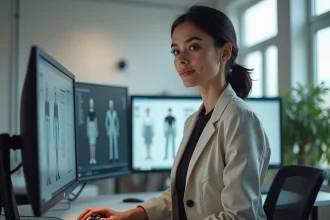 Créatrice de mode travaillant sur un logiciel de modélisation 3D pour vendre ses créations vestimentaires sur CLO Store