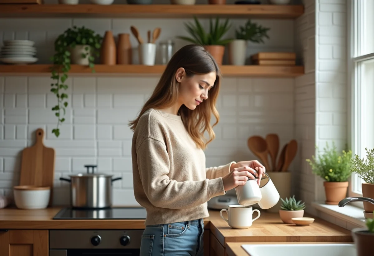Jeune femme arrangeant des mugs en céramique dans une cuisine chaleureuse