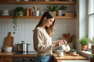 Jeune femme arrangeant des mugs en céramique dans une cuisine chaleureuse