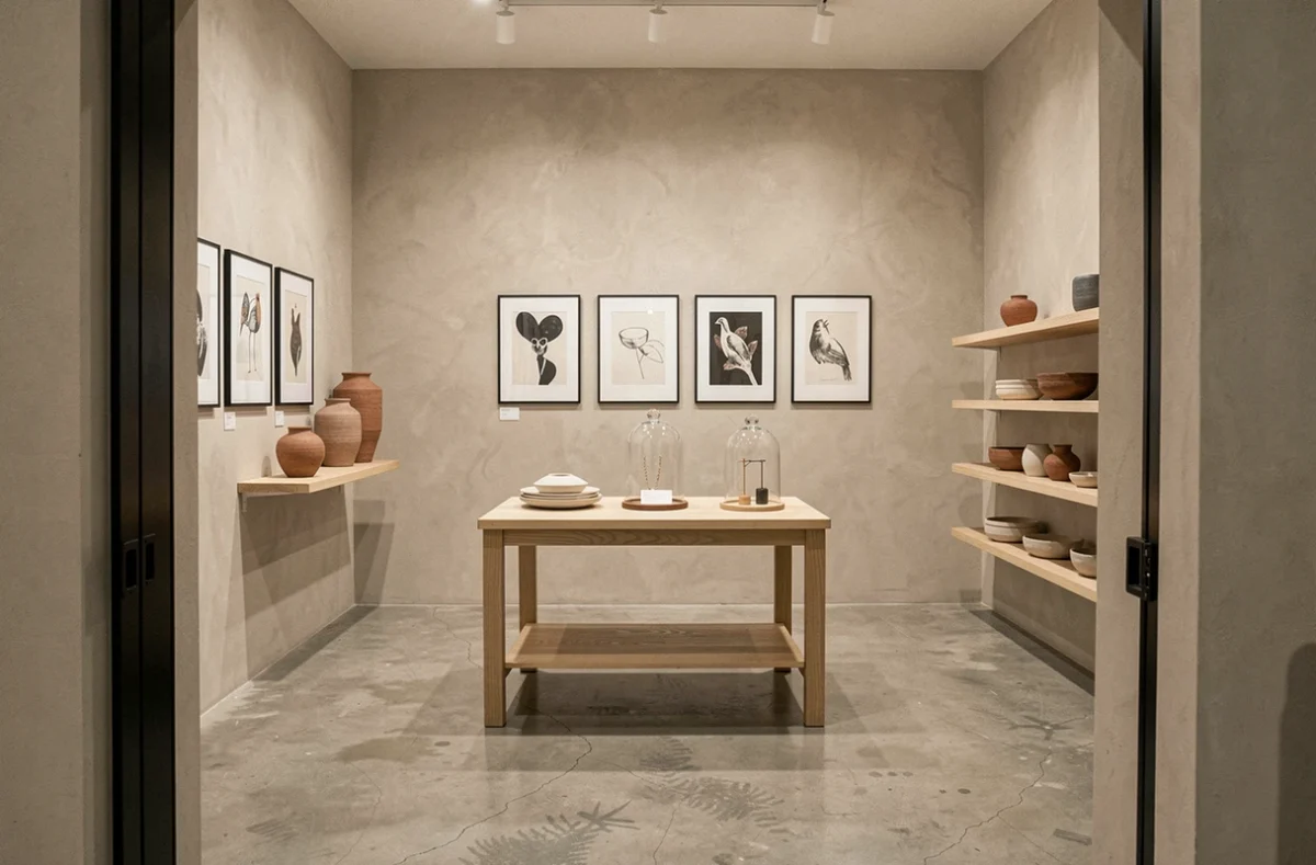 Concept store Cureor, espace galerie-boutique épuré avec des vases en céramique sculpturaux, des tirages d'art en édition limitée et des bijoux minimalistes sous cloche en verre.