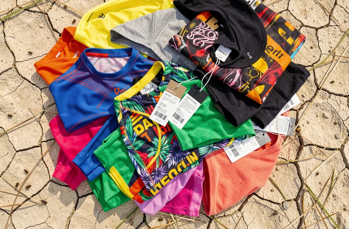 Tas de vêtements fast-fashion synthétiques abandonnés sur sol aride fissuré avec étiquettes encore attachées, vue aérienne