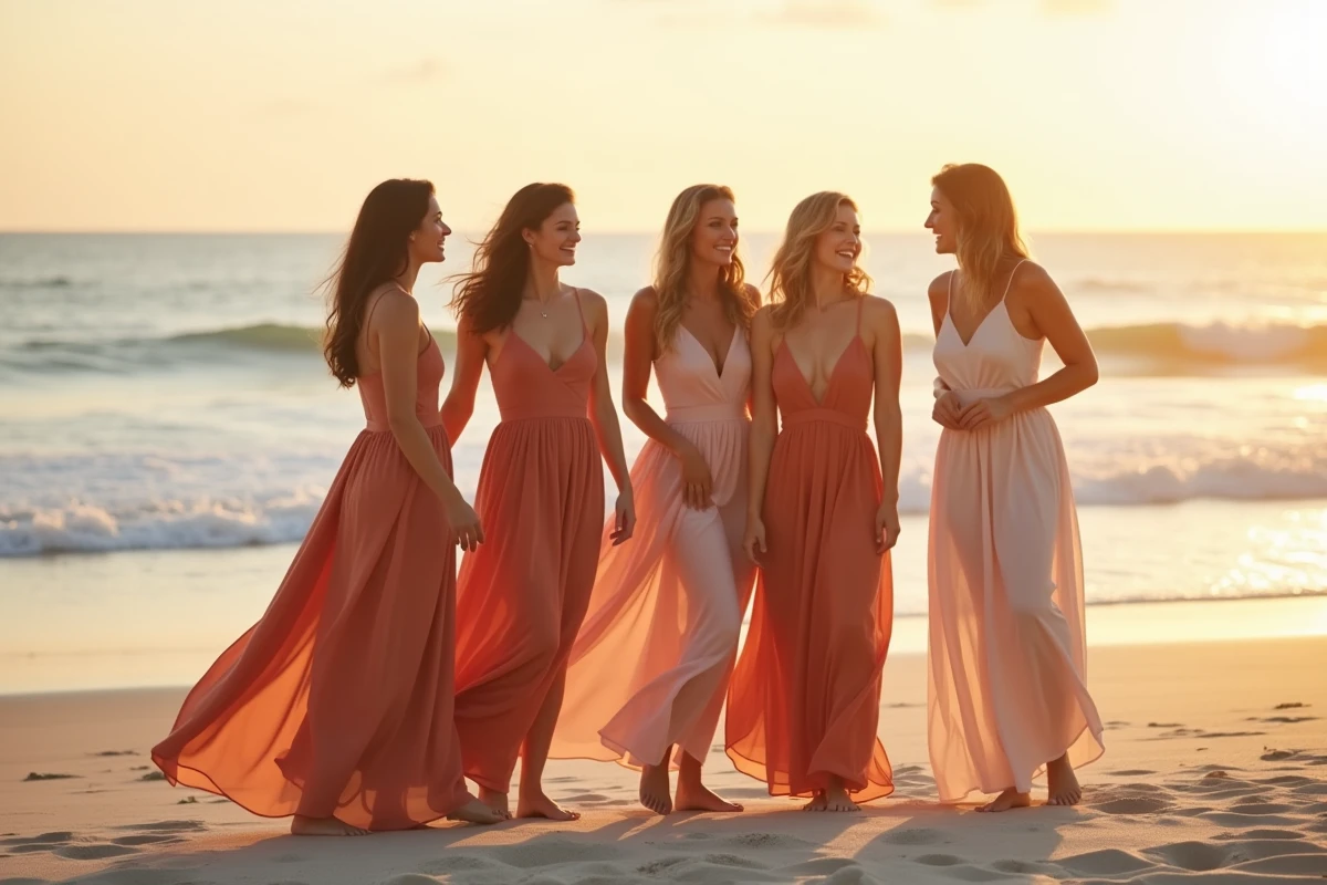 Groupe de demoiselles d'honneur en robes longues et courtes sur une plage lors d'un mariage balnéaire au coucher de soleil