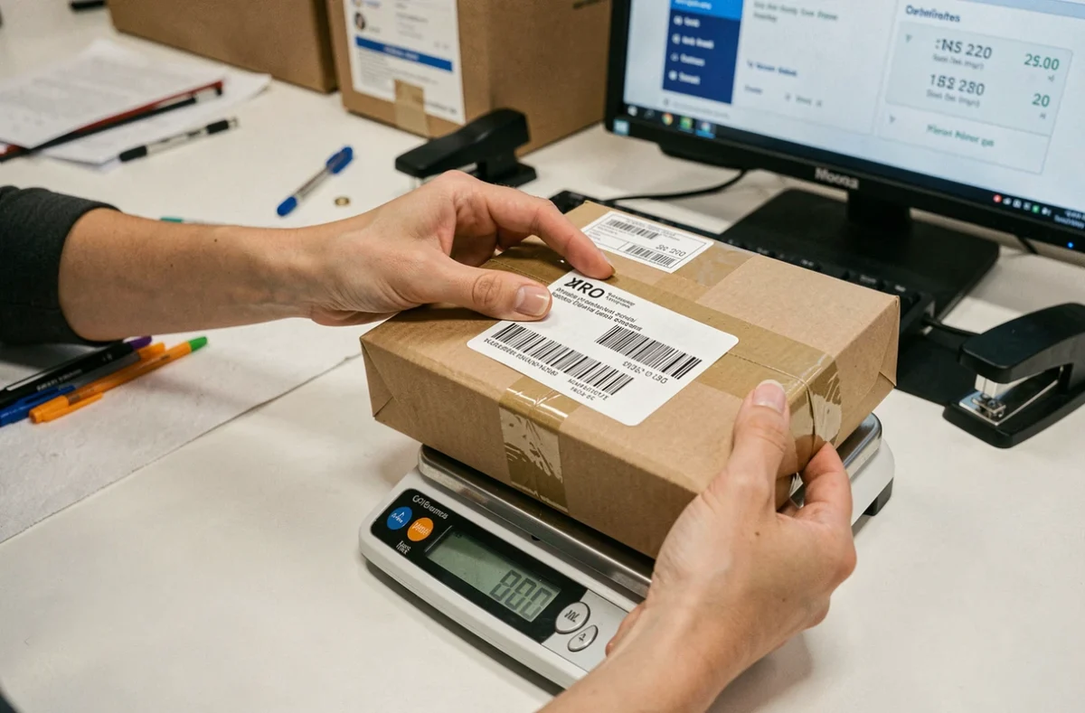 Dépôt d'un colis sur une balance de comptoir pour estimation des tarifs NEW Touch Sainte Geneviève des Bois