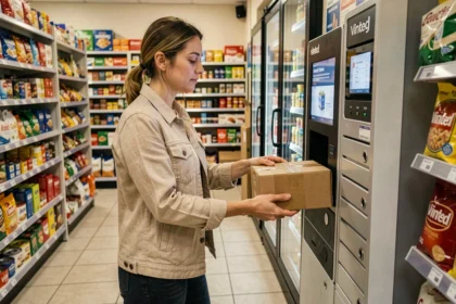 Femme déposant un colis Vinted Go dans un point relais urbain à l'intérieur d'une épicerie de ville