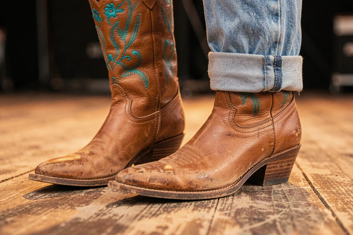 Gros plan sur des bottes cowboy en cuir cognac avec broderies turquoise et florales portées avec un jean bootcut clair sur un plancher de scène en bois patiné