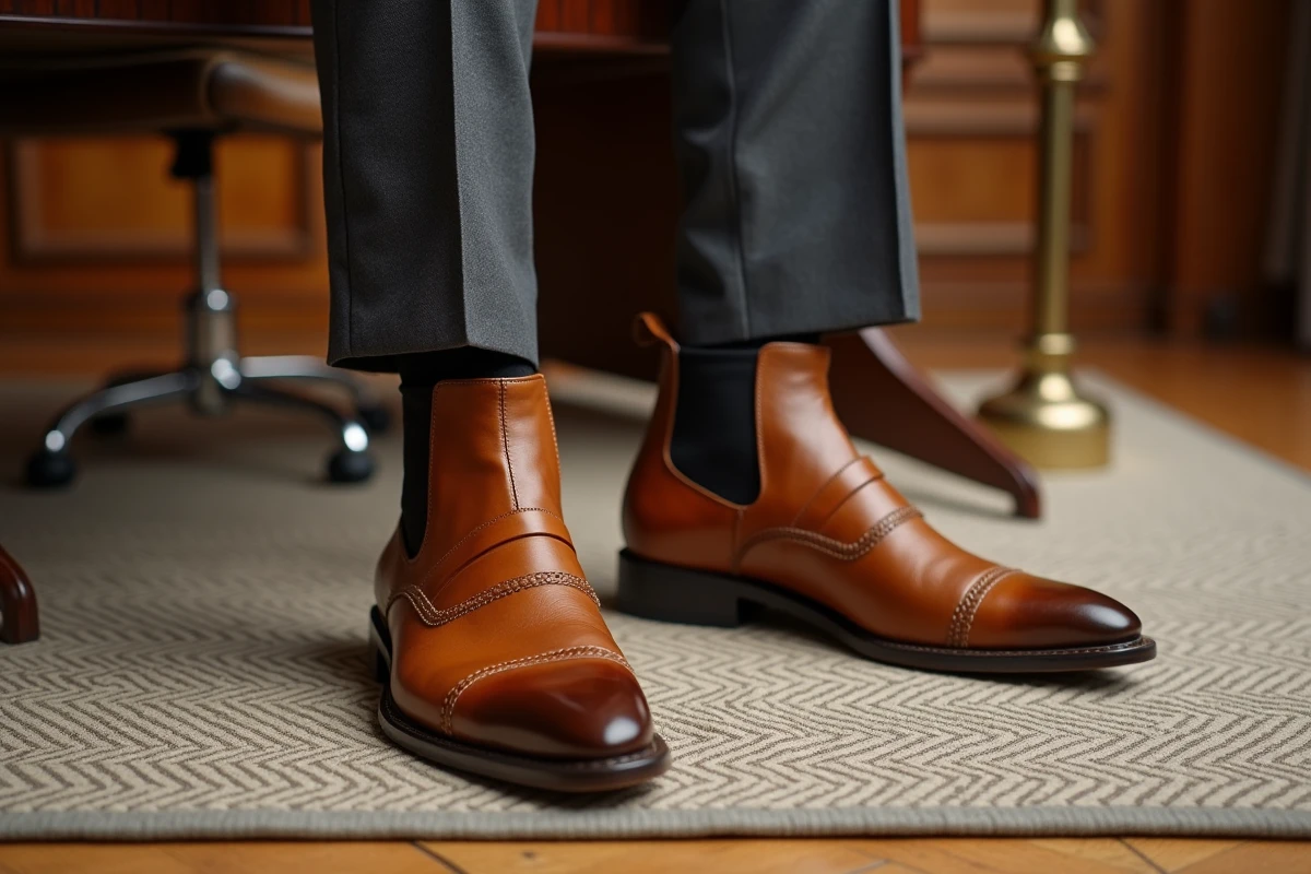 Détail de santiags en cuir cognac portées avec un costume gris, bureau à domicile chic