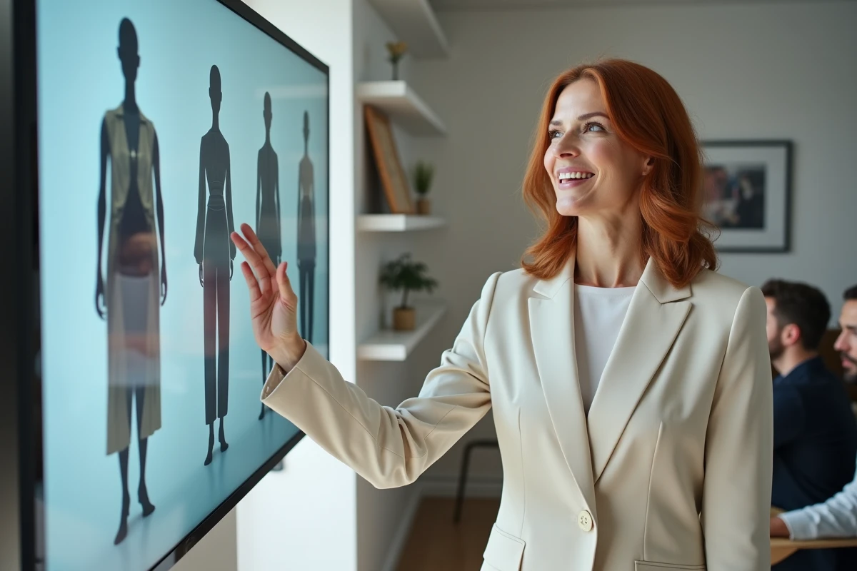 Entrepreneuse présentant un portfolio de créations 3D sur écran pour promouvoir ses modèles sur CLO Store