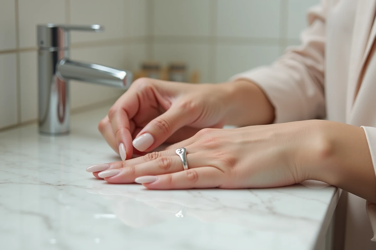 Femme tenant une bague cœur magnétique entre ses doigts au-dessus d'un plan en marbre blanc dans une salle de bain moderne