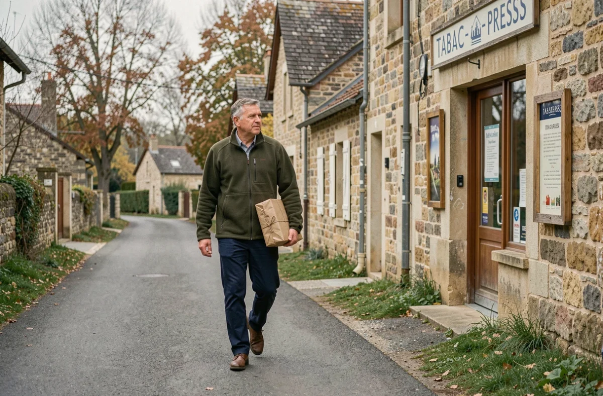Homme transportant un colis vers un point relais dans un village rural français à l'automne