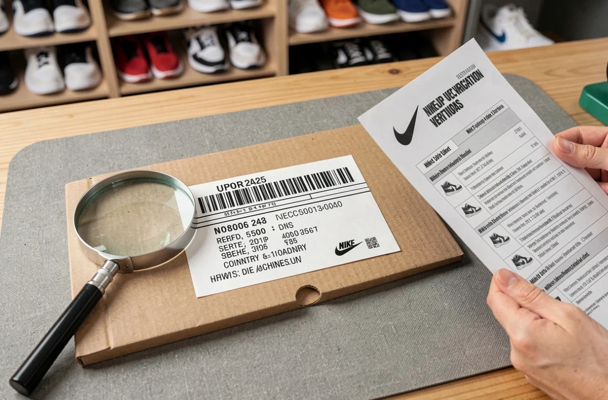 Gros plan sur l'étiquette avec code UPC d'une boîte de Nike pour authentifier les sneakers