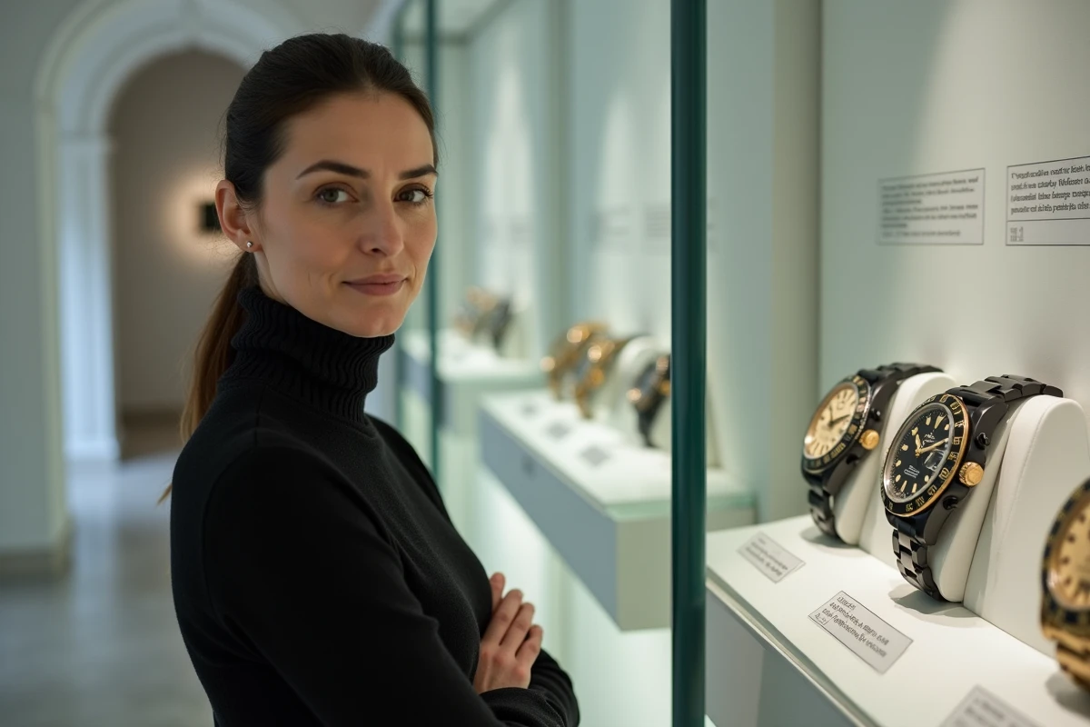 Femme experte en horlogerie debout devant une vitrine de montres historiques de collection dans un musée privé contemporain