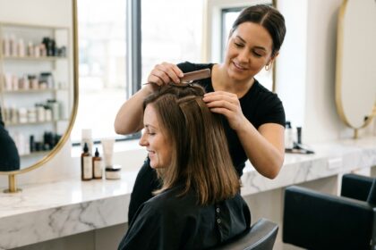 Pose d'extensions à clip dans un salon de coiffure professionnel sur cheveux bruns naturels