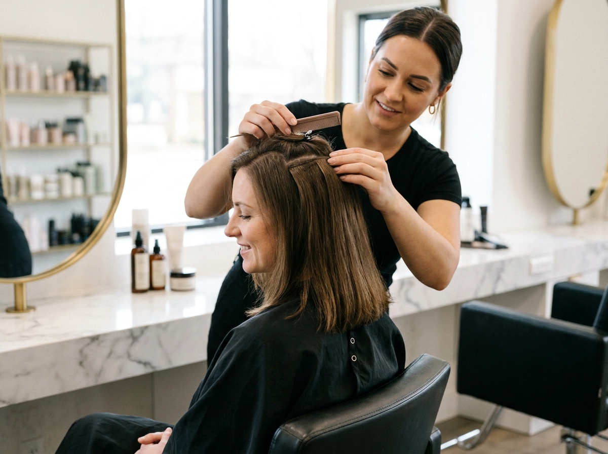 Pose d'extensions à clip dans un salon de coiffure professionnel sur cheveux bruns naturels