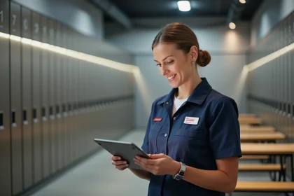 Factrice La Poste avec tablette dans espace de travail