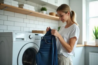 Femme tenant un jean en denim indigo devant un lave-linge dans une buanderie moderne, geste soigneux avant le premier lavage pour faire rétrécir le jean