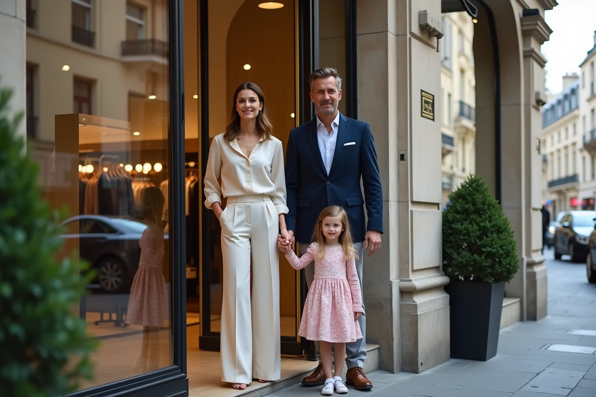 Famille avec une petite fille devant la vitrine d'une boutique de luxe sur l'Avenue Montaigne, façade en pierre et topiaires à l'entrée