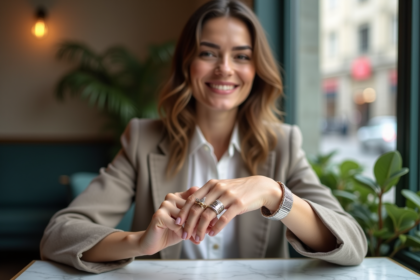 Femme élégante portant des bagues modernes en or et argent
