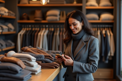 Femme comparant des gants en boutique avec sourire