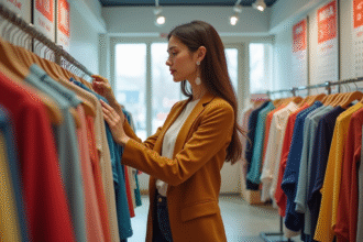 Femme élégante parcourant des vêtements en boutique lumineuse