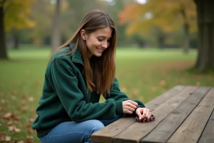 Jeune femme en forêt attachant un bracelet en paracord
