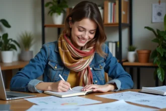 Jeune femme souriante dans un bureau créatif et cosy
