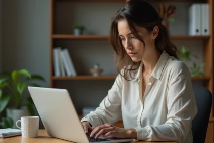 Femme concentrée travaillant sur un ordinateur à domicile