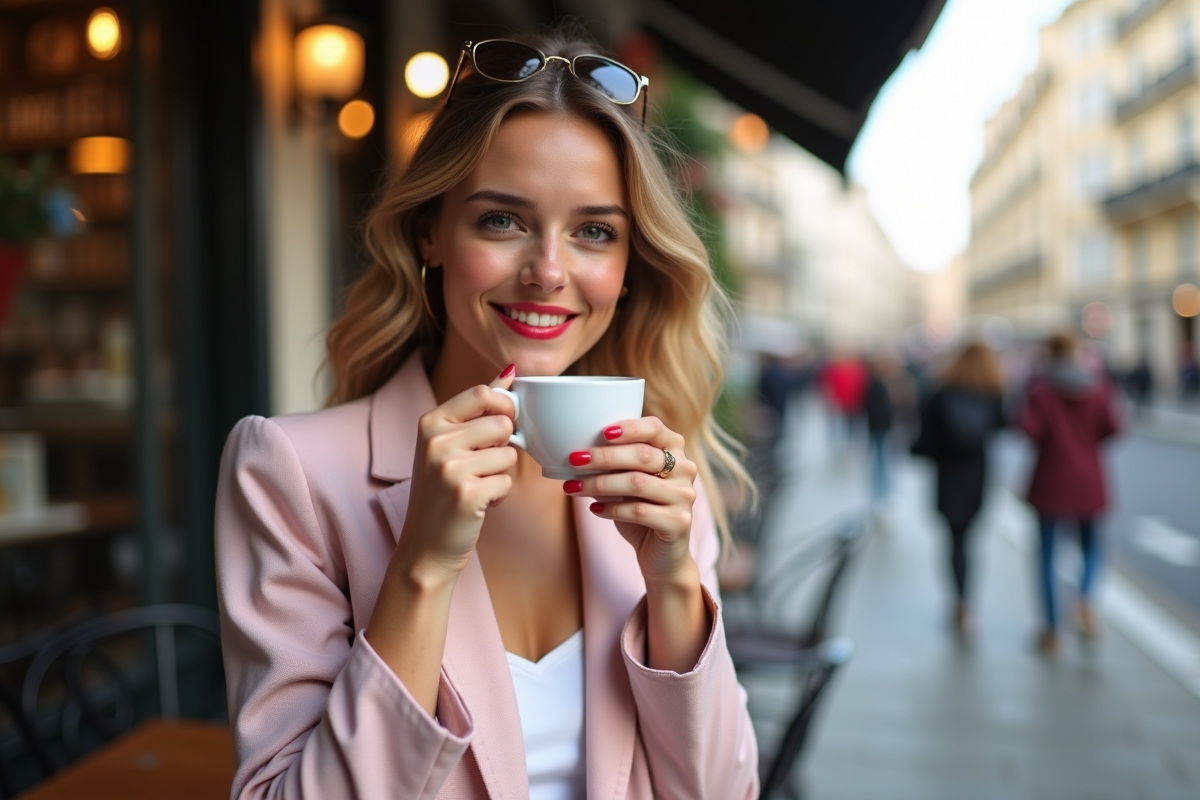 Femme souriante avec rouge à lèvres durable au café parisien