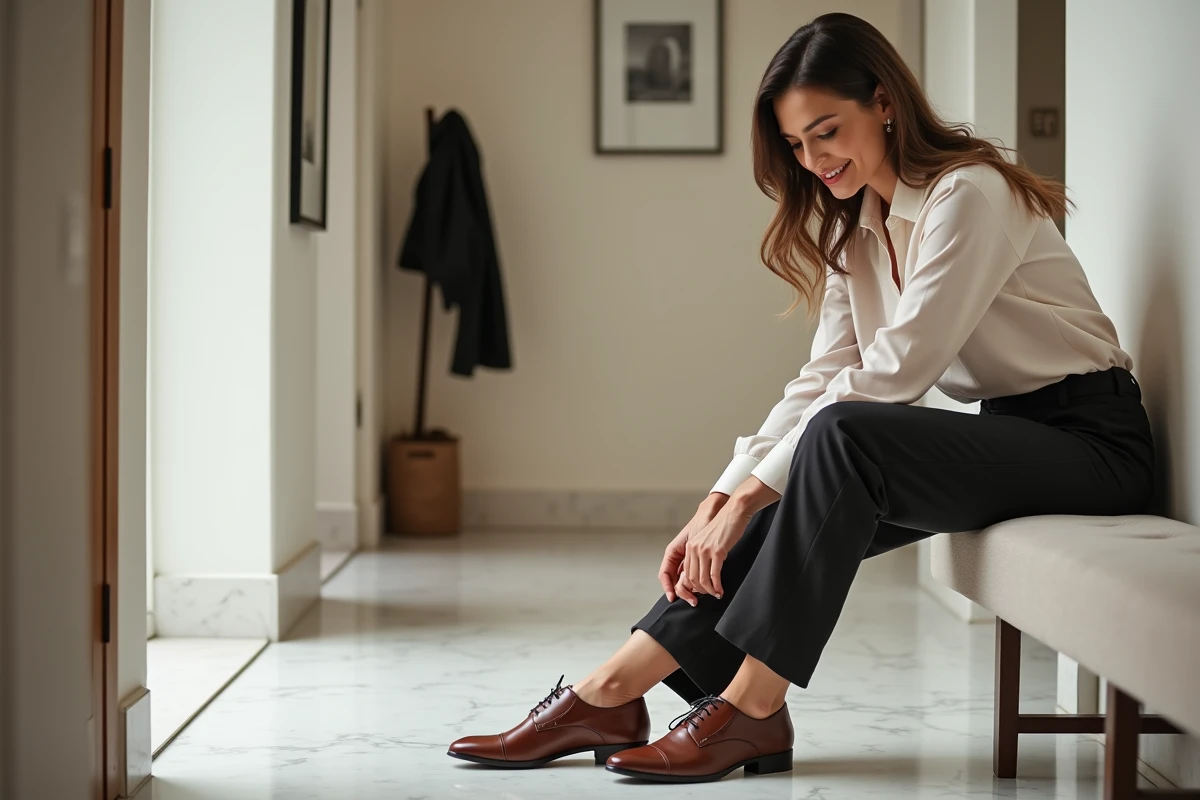 Femme élégante ajustant ses chaussures en cuir dans un intérieur moderne