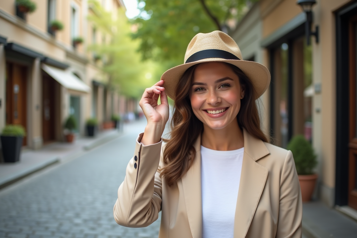Femme élégante ajustant un fedora en ville