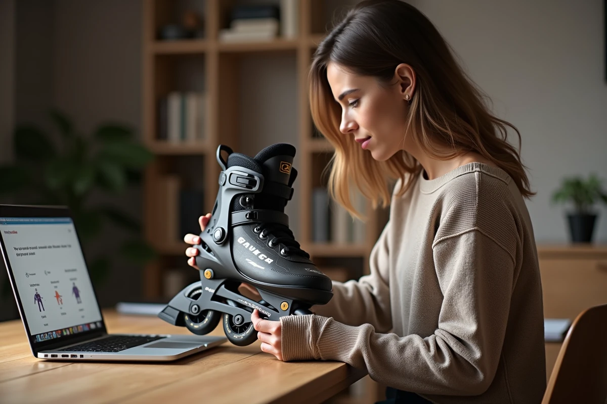 Femme inspectant un roller GRAIN d3 Malice pour choisir la bonne taille avant achat