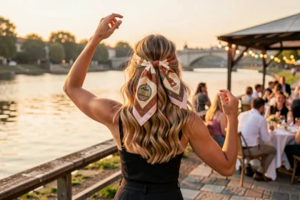 Femme coiffée d'un foulard noué dansant au bord de l'eau