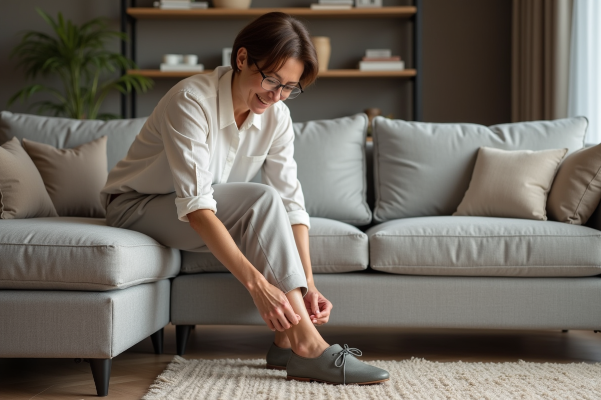 Femme assise sur un canapé avec chaussures ergonomiques