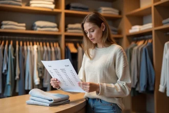 Femme consultant un tableau de conversion de tailles de vêtements dans une boutique moderne