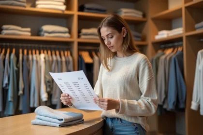 Femme consultant un tableau de conversion de tailles de vêtements dans une boutique moderne