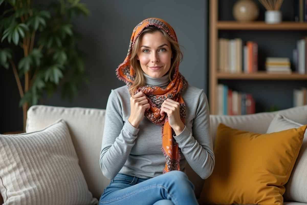 Femme assise montrant comment plier un foulard coloré