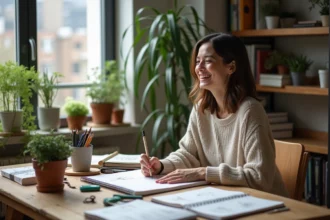 Femme qui esquisse dans un espace créatif cosy