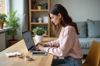 Femme utilisant un convertisseur de tailles vêtements à la maison