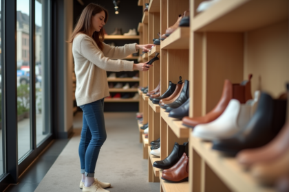 Jeune femme examine des chaussures en boutique moderne