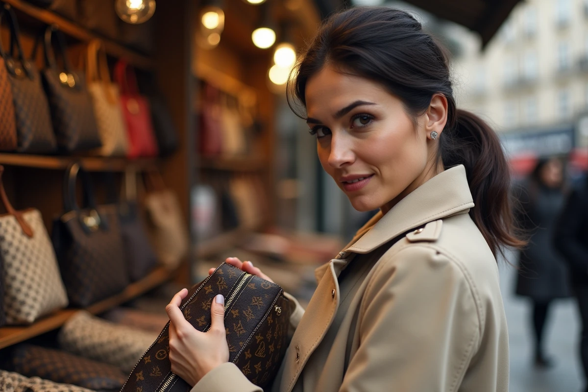 Femme examinant un sac à motif monogramme sur un marché parisien, questionnant l'authenticité d'un article de luxe inspiré Louis Vuitton
