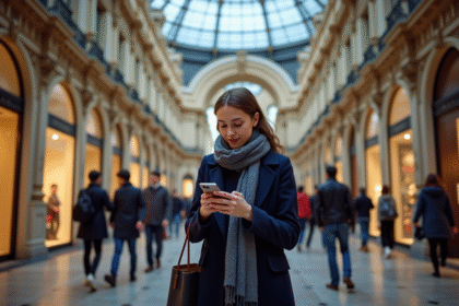 Jeune femme devant Galeries Lafayette consulte son smartphone