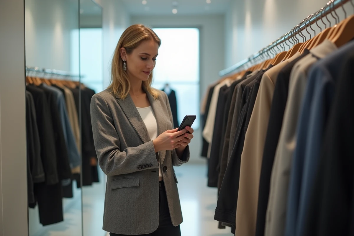 Femme vérifiant un guide de conversion de tailles sur son smartphone dans un magasin de vêtements