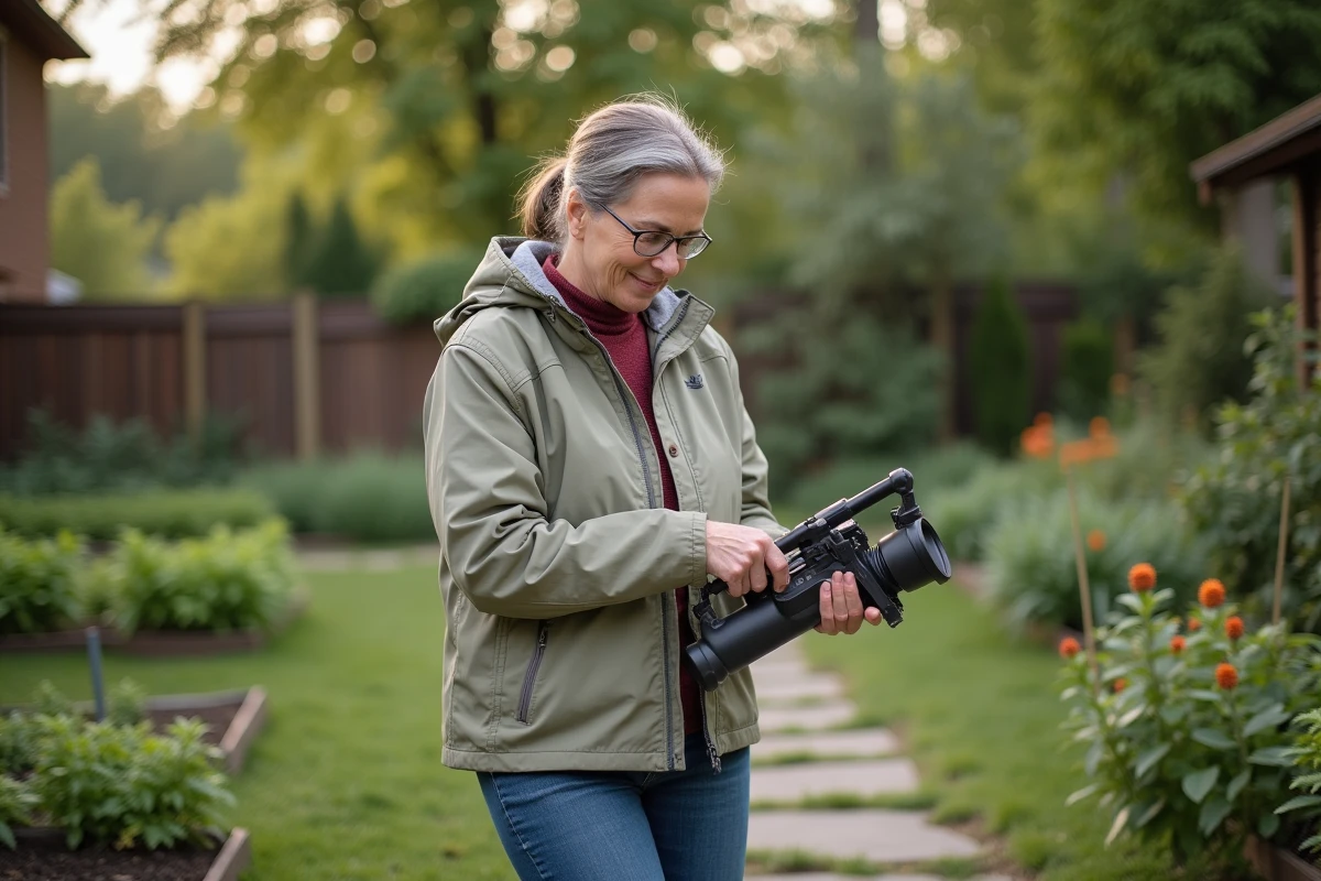 Femme examinant un outil de jardinage dans un jardin verdoyant