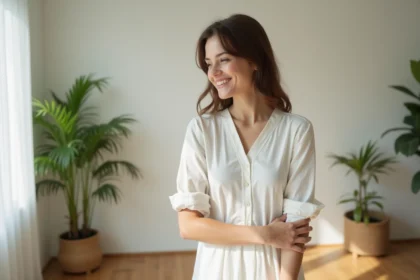 Femme souriante en robe en lin blanc dans un salon lumineux